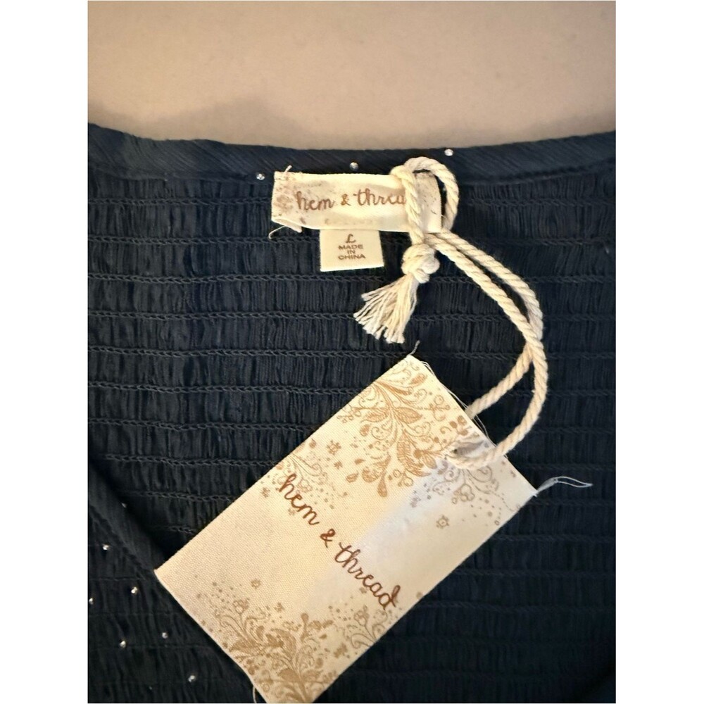 New with Tags Hem & Thread Navy Rhinestuds V-Neck Peplum Blouse sz LARGE - Picture 2 of 6